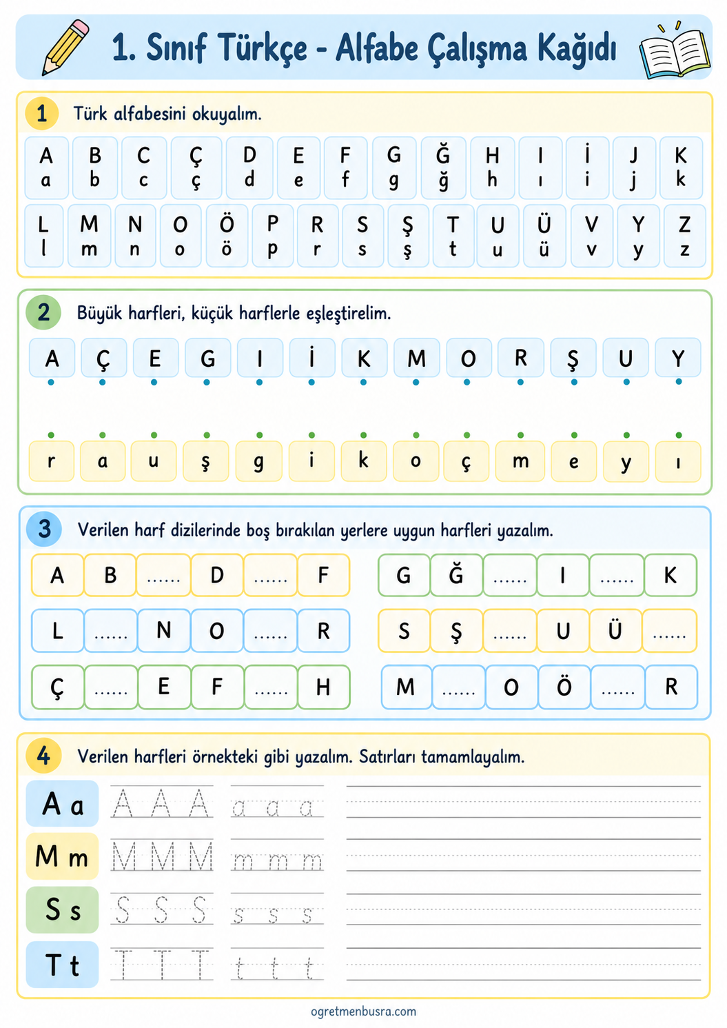 1. Sınıf Alfabe Çalışma Kağıdı | Harf Tanıma ve Yazma Etkinliği