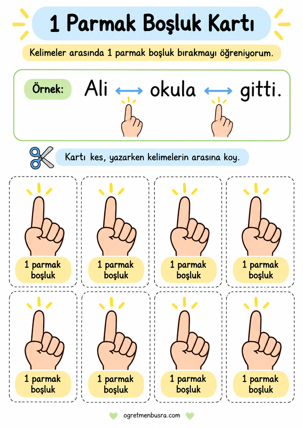 1. Sınıf 1 Parmak Boşluk Bırakma Kartları | Kesilebilir Yazma Materyali