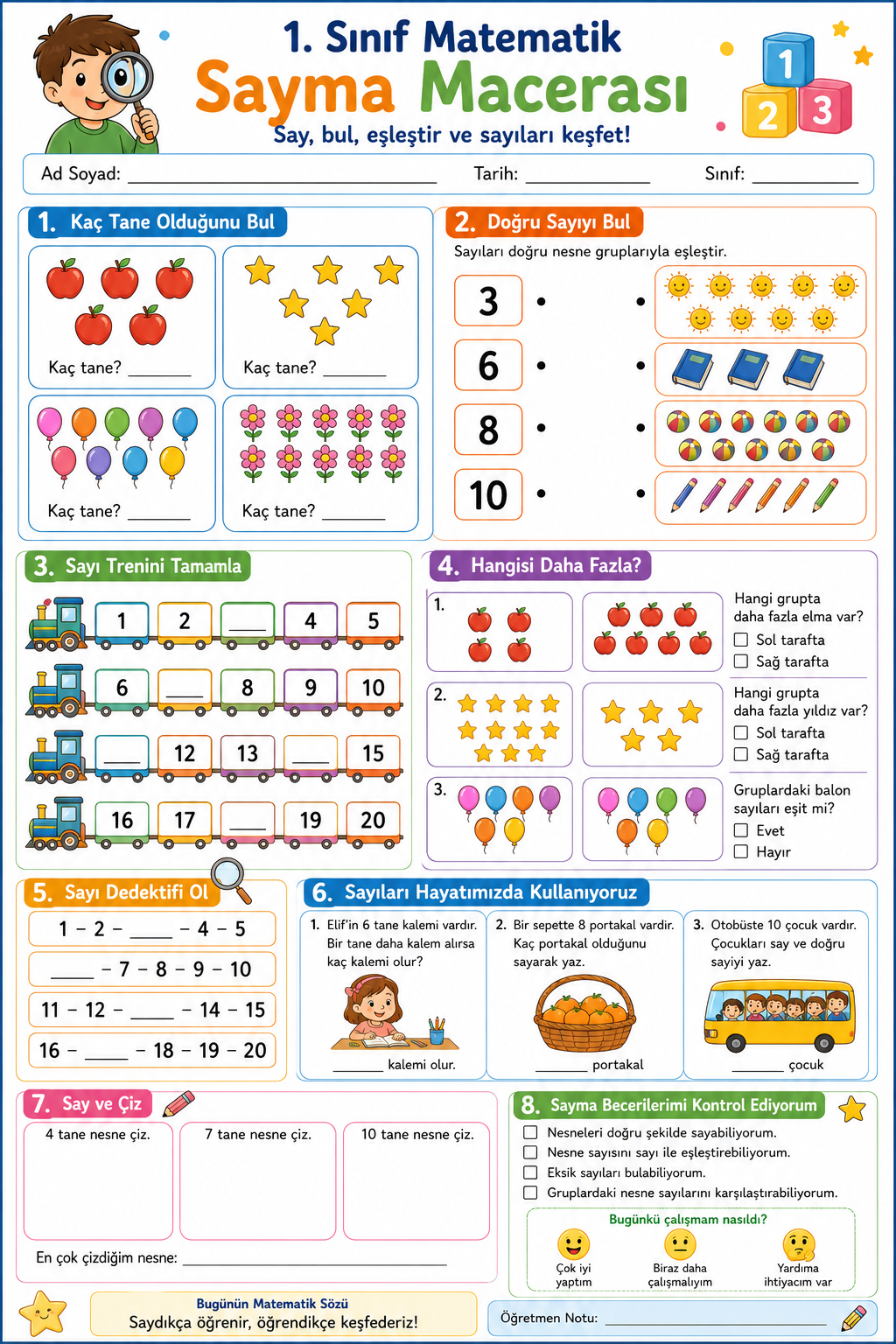 1. Sınıf Matematik Sayma Macerası Çalışma Kağıdı – 1’den 20’ye Sayma ve Sayı Eşleştirme