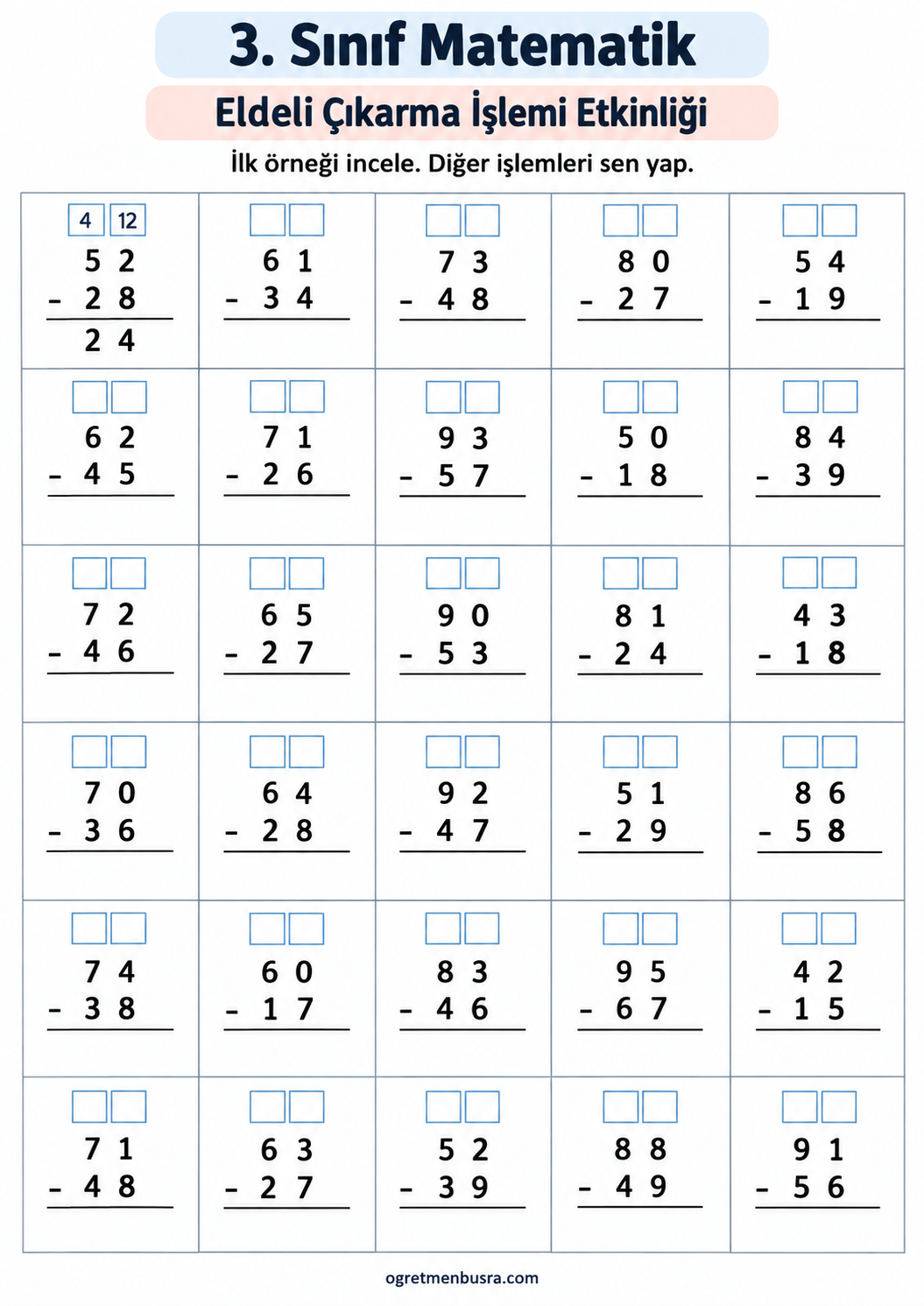 3. Sınıf Matematik Eldeli Çıkarma İşlemi Etkinliği – 30 İşlem