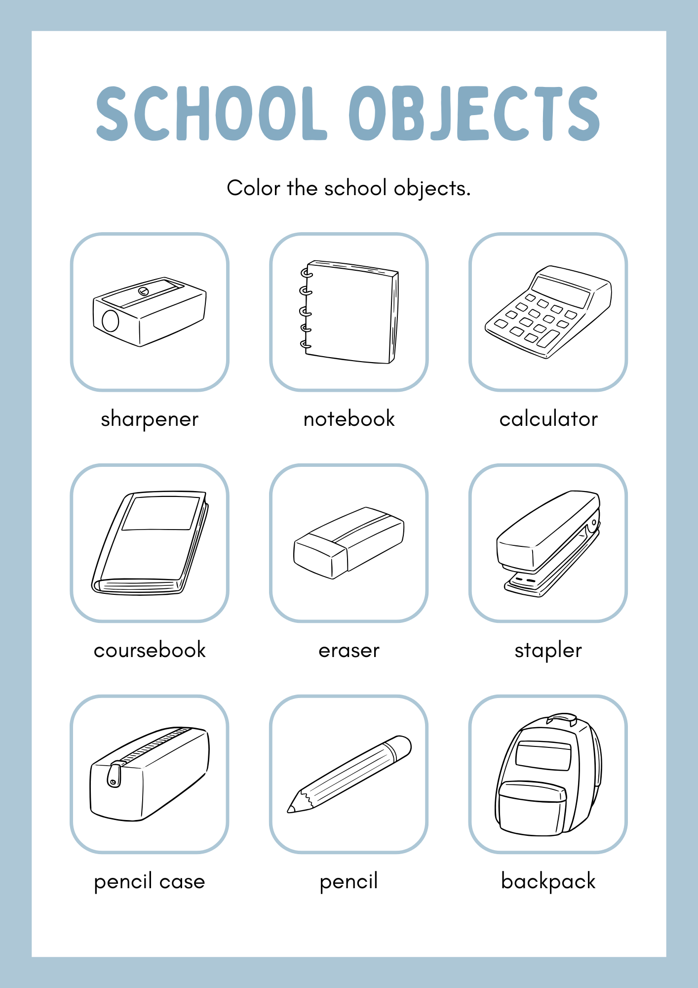 2. Sınıf İngilizce School Objects Coloring Worksheet (Okul Eşyaları Boyama Etkinliği)