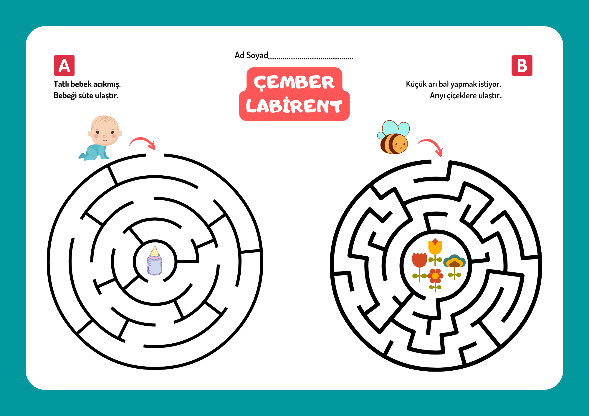 Arı Yuvarlak Labirent Etkinliği PDF | 6-7 Yaş Dikkat Geliştirme Çalışma Sayfası