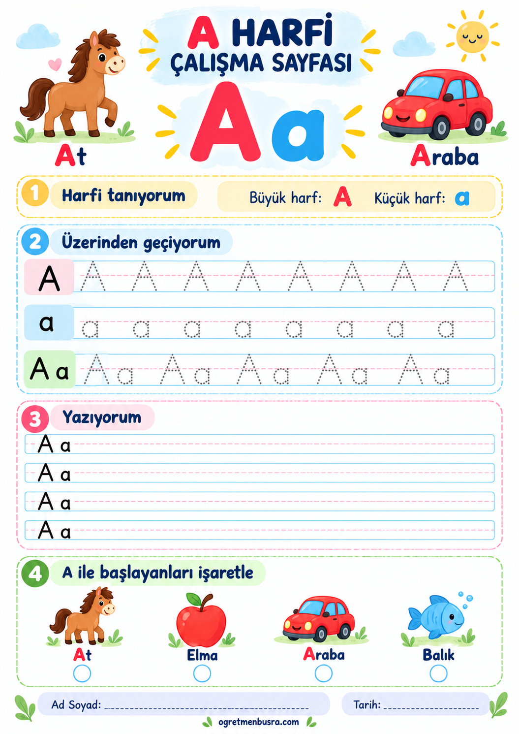 1. Sınıf A Harfi Yazma ve Tanıma Çalışma Sayfası