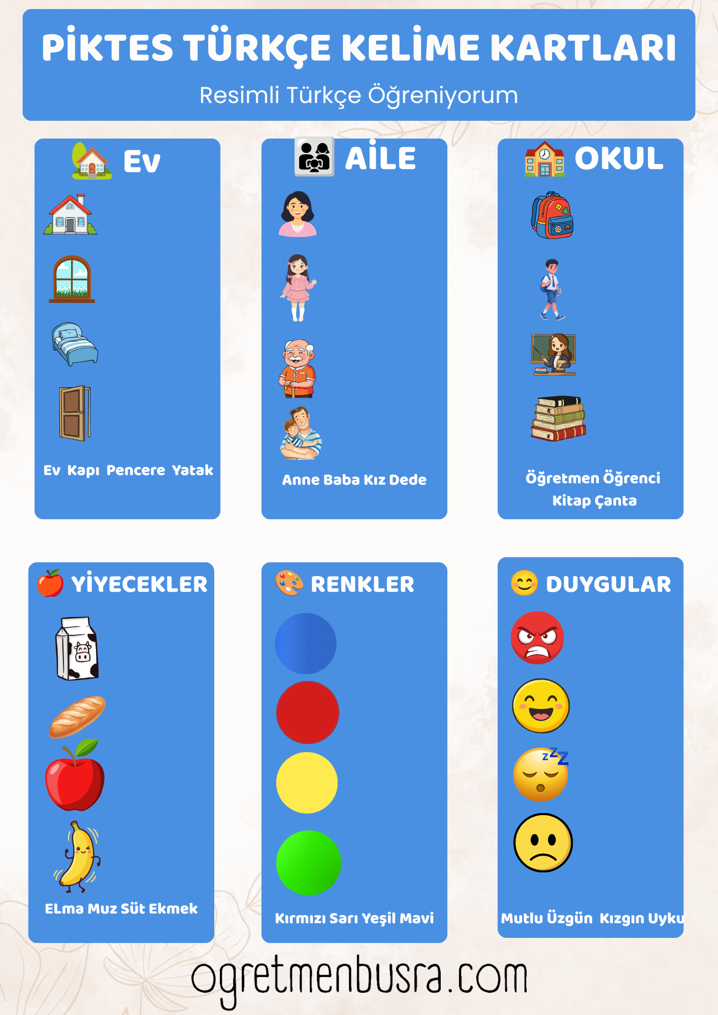 PİKTES Türkçe Kelime Kartları | Resimli Temel Kelimeler Etkinliği (PDF)