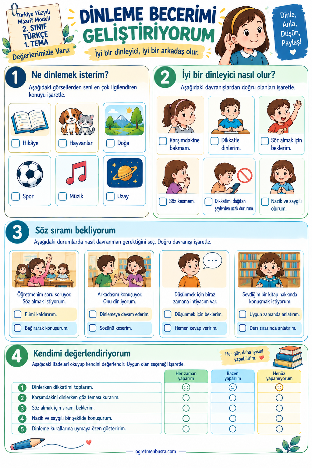 2. Sınıf Türkçe Dinleme Kuralları Çalışma Kağıdı | T.D.2.1