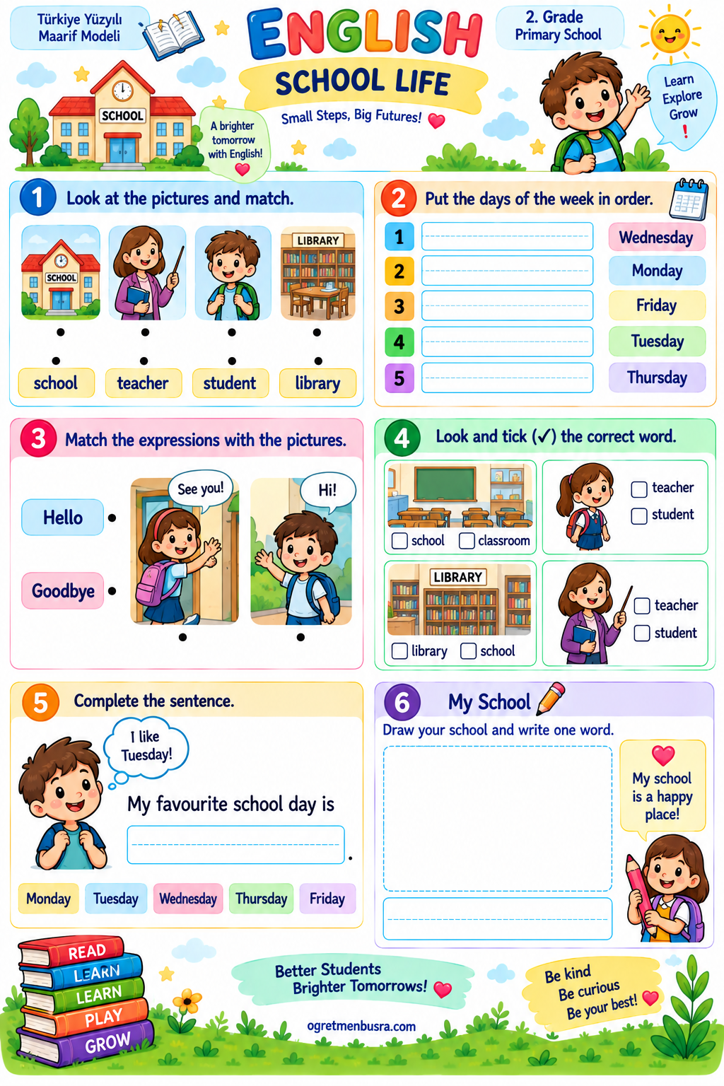 2. Sınıf İngilizce School Life Çalışma Kağıdı | Okul Hayatı Etkinliği