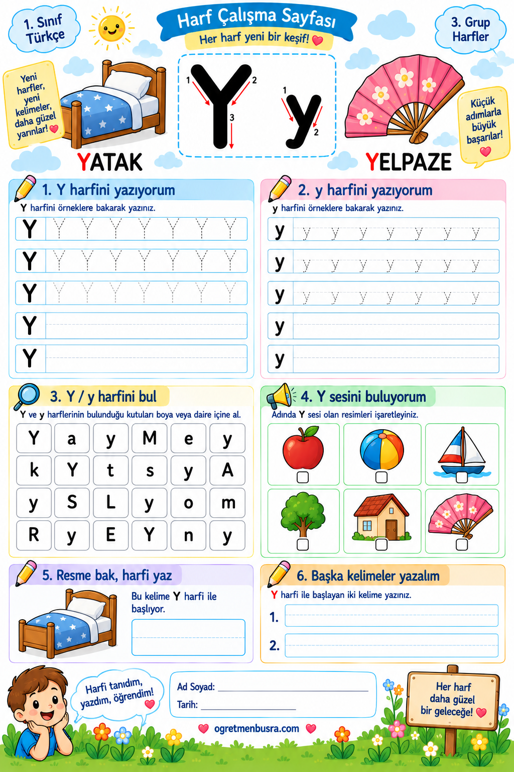 1. Sınıf Y Harfi Çalışma Sayfası | Y Sesi Etkinliği ve Yazma Alıştırması PNG