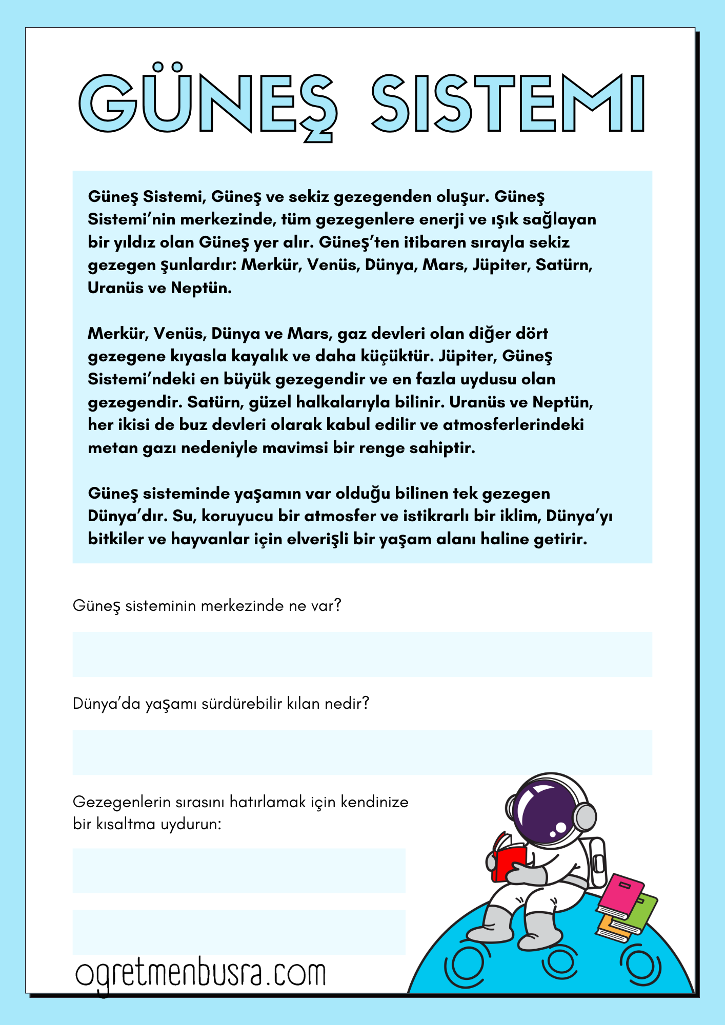 1. Sınıf Türkçe Okuduğunu Anlama Çalışma Kağıdı | Güneş Sistemi Etkinliği (PNG/PDF)
