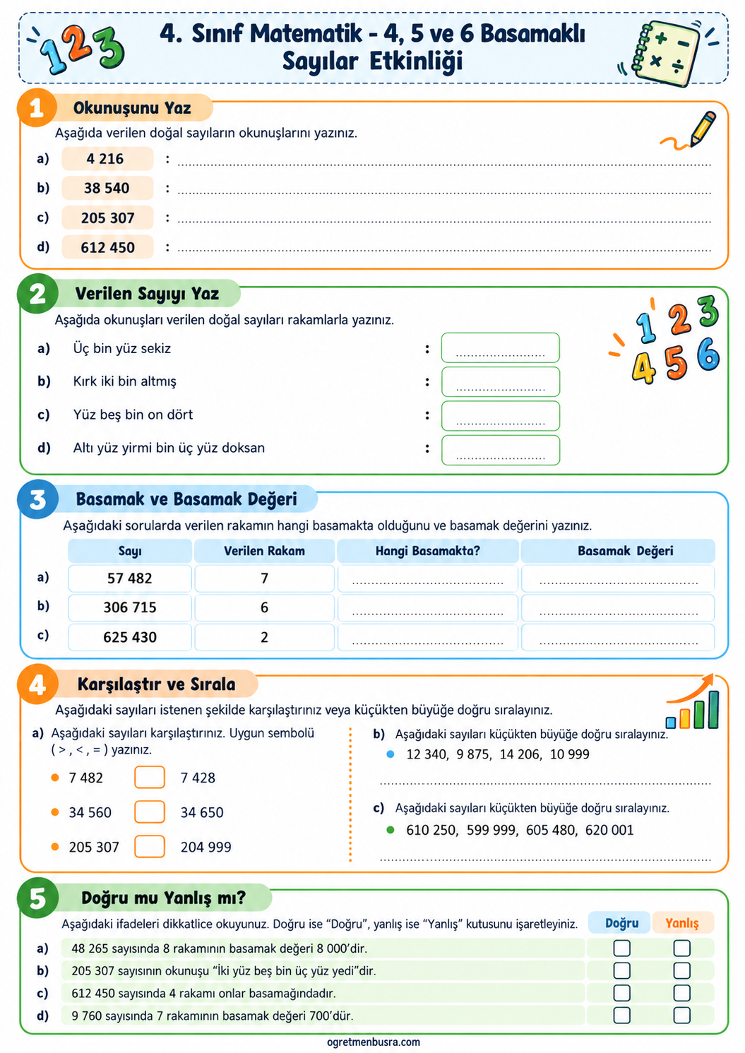 4. Sınıf Matematik 4, 5 ve 6 Basamaklı Sayılar Etkinlik ve Ödev Sayfası