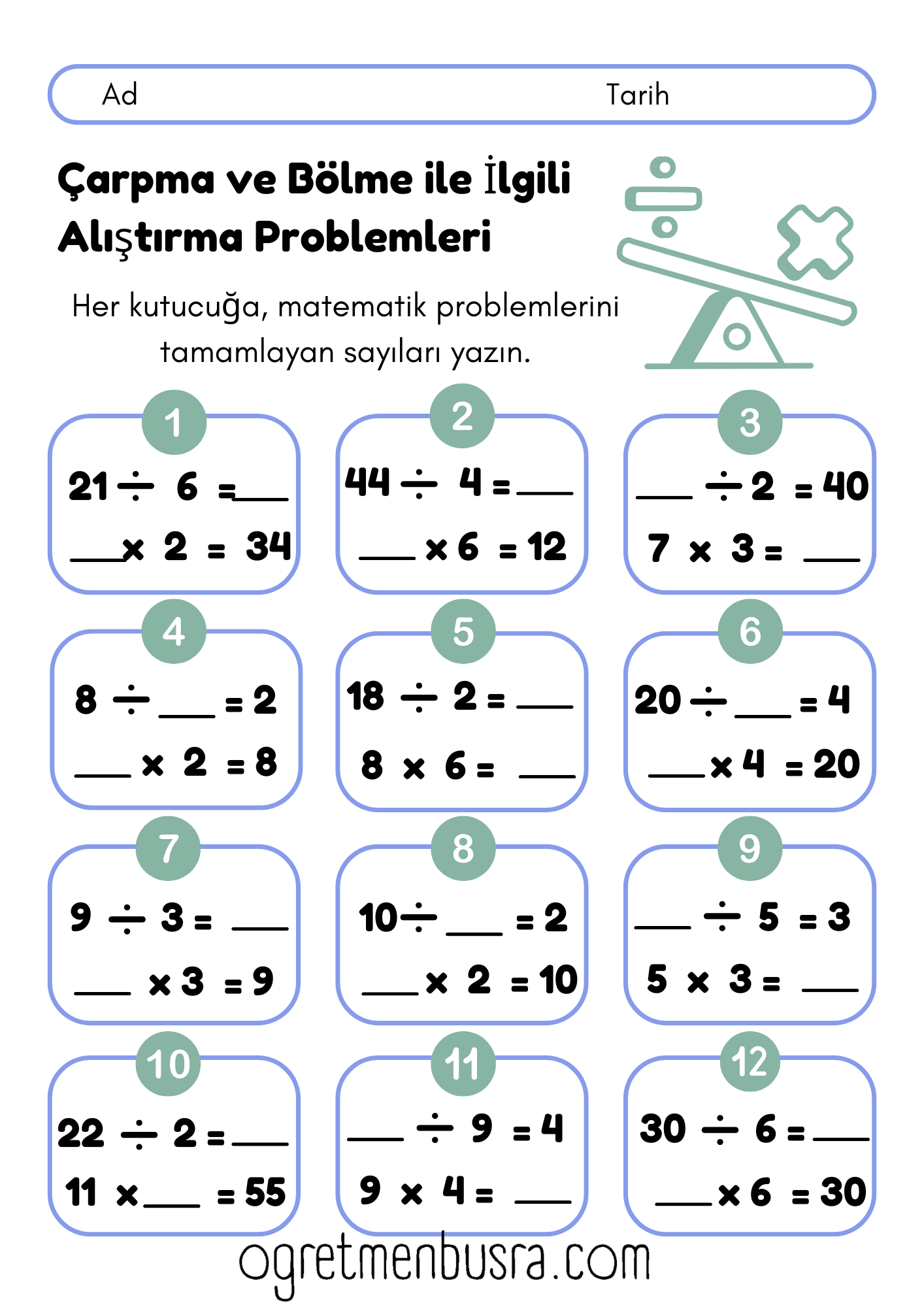 3. Sınıf Matematik Çarpma ve Bölme İşlemlerini Çözümleme Çalışma Kağıdı (MAT.3.2.4)