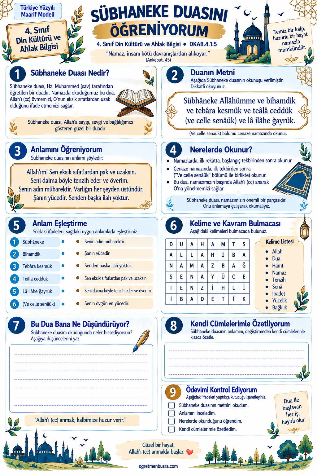 4. Sınıf Din Kültürü Sübhaneke Duası Etkinliği ve Ödevi